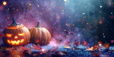 Halloween pumpkins on a beautiful pink and purple background with confetti and shiny bokeh, banner