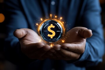 Businessman Holding Time and Money Symbols on Virtual Screen for Business Planning