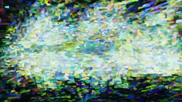 Digital glitch 404 error message. Abstract digital glitch art with vibrant colors and distorted patterns. TV static, noise, no signal. Distortion waves, grained television screen. Glitch TV picture.