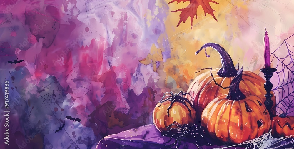 Aufkleber watercolor bright illustration of halloween table setting with cobwebs, spiders and pumpkins on purp