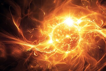 Abstract solar flare, swirling lines and bright spots, warm tones with dark contrasts, dynamic and intense composition, evokes power and energy, glowing edges