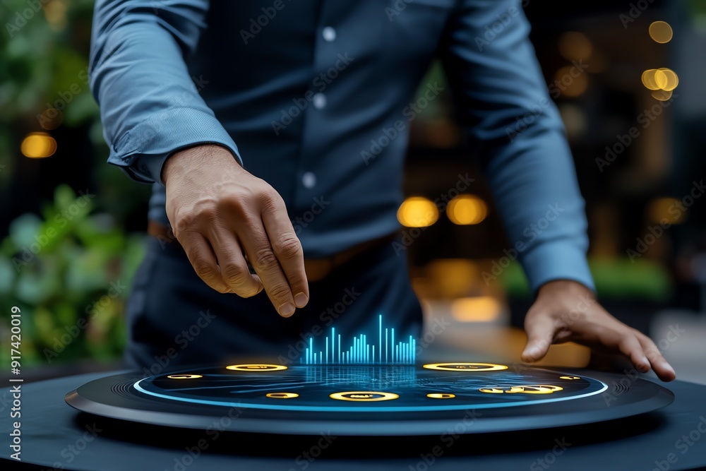 Poster businessman touches digital growth graph and finance symbols on virtual screen in office setting