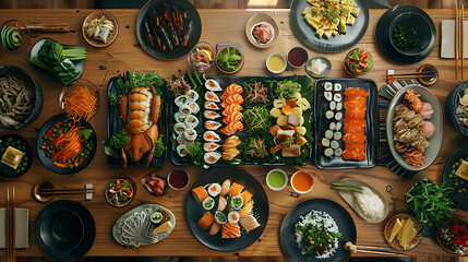 Japanese restaurant dinner table spread in top-down view, array of beautifully plated sushi, sashimi, tempura, surrounded, fresh salads, traditional Japanese food
