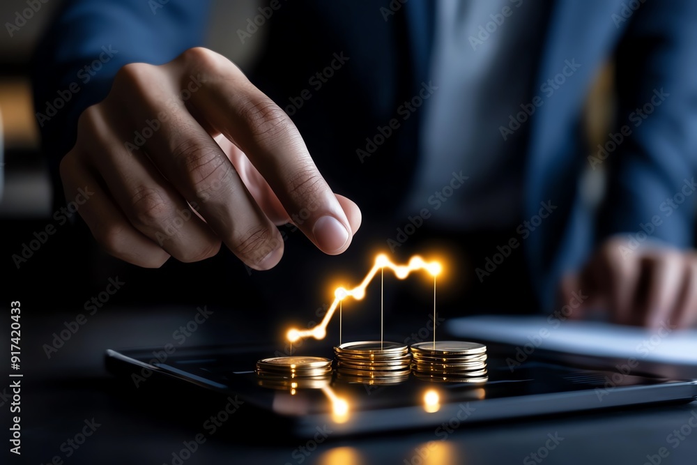 Poster businessman utilizing virtual screen graphics for business growth and planning