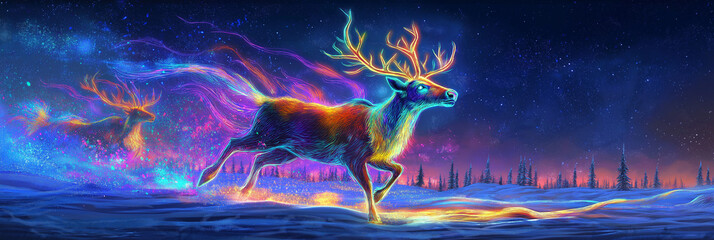 Glowing Reindeer Charging Across a Neon Terrain
