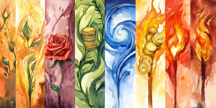 Moral Descent: A Watercolor Interpretation of the Seven Deadly Sins Depicting Lust as a Rose, Gluttony as a Feast, Greed as Coins, Sloth as a Couch, Wrath as a Flame, Envy as a Green Eye, and Pride as