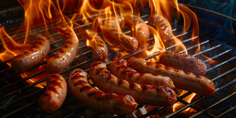 Fried sausages and sausages on the grill, subject photography, banner, top view,