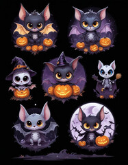 Cute baby bat like creatures or characters in various Halloween themed poses