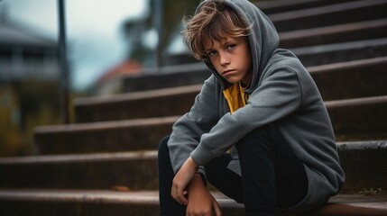 Fototapeta premium Sad teenager sitting alone outdoors, looking down with a troubled expression. Perfect for themes of depression, loneliness, adolescence, migration, and the emotional challenges faced by young people