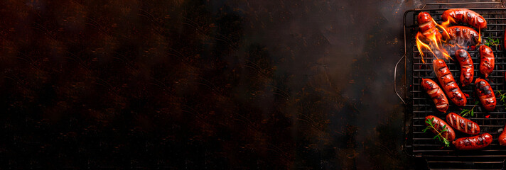 Fried sausages and sausages on the grill, subject photography, banner, top view, free space for text
