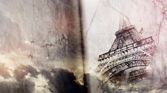 Eiffel Tower in Paris smoothly appears on old, grunge paper with time lapse of sky with clouds. Creative, combined 3D 4K parallax video of high quality. Template for a postcard or historical video.