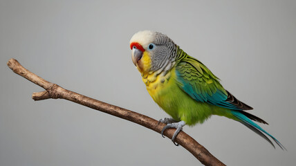 Fototapeta premium a tiny, colorful parakeet perched on a branch against a light grey background, hd