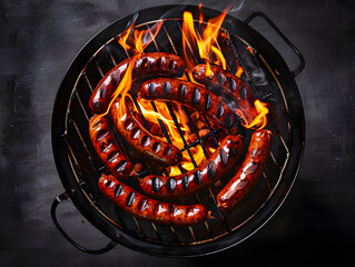 Fried sausages and sausages on the grill, subject photography, banner, top view,