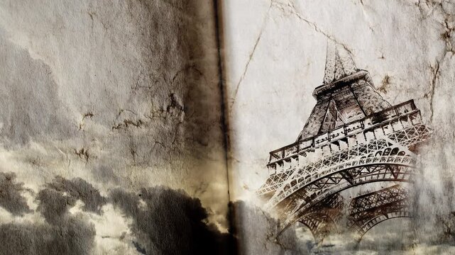 Eiffel Tower in Paris smoothly appears on old, grunge paper with time lapse of sky with clouds. Creative, combined 3D 4K parallax video of high quality. Template for a postcard or historical video.
