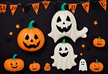 two cartoon ghost, a jack-o-lantern pumpkin, and other Halloween decorations against ablack background 