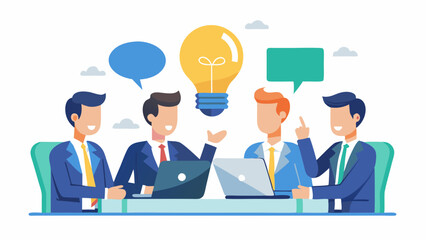 Effective communication, meeting discussion or conversation solution, speak or telling intelligence information, male team opinion new idea concept, business people only male discuss with lightbulb sp