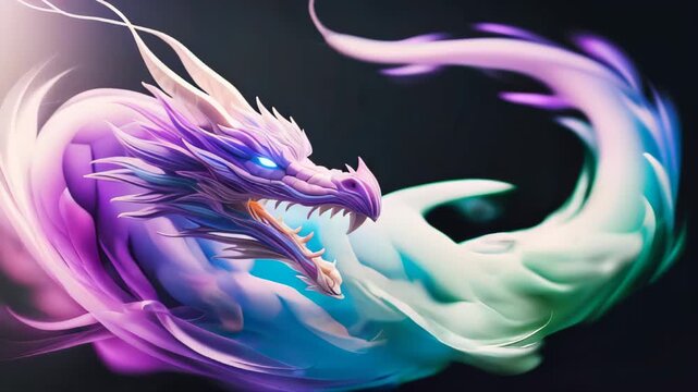 abstract digital illustration of a serpentine dragon in motion with swirling hues of purple, blue, and green neon colors. Intro, Chinese calendar. Symbol of year