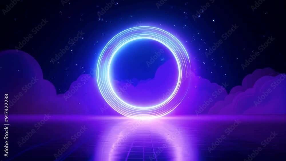 Poster an endlessly cycling 3d animation featuring a neon ring and a constantly rotating luminous thunder c