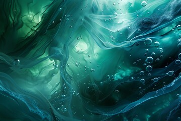 Abstract underwater cavern, flowing shapes and bubbles, shades of blue and green, serene and mysterious composition, evokes depth and tranquility, soft lighting