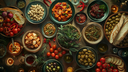 Various dishes gathered on a table in the meze style, presented in bowls and plates with different vegetables, olives, bread, sauces, and spices