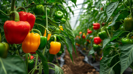 A panoramic view of a greenhouse filled with colorful sweet peppers on plants