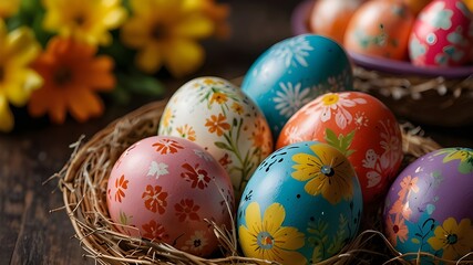 Fototapeta premium vibrant Easter eggs adorned with flowers