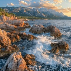 Obraz premium Rocky coastline at sunset with mountains in the background