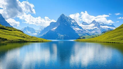 A serene mountain lake nestled between towering peaks