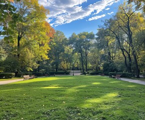 Obraz premium Lush green lawn in a tranquil park surrounded by trees