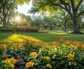 Fototapeta premium Lush park with colorful flowers and sunlight streaming through trees