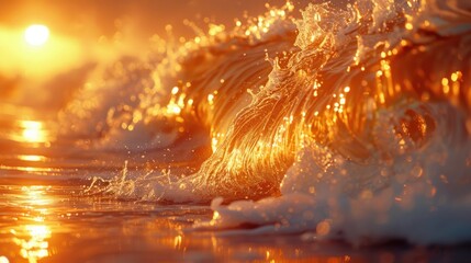 Naklejka premium Waves brightened by the golden rays of the rising sun