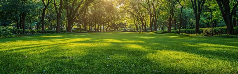 Lush green lawn in a tranquil park during golden hour sunlight