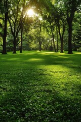 Obraz premium Lush green park with vibrant lawn and sunlight filtering through trees
