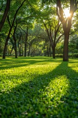 Lush green park with sun filtering through trees in the afternoon