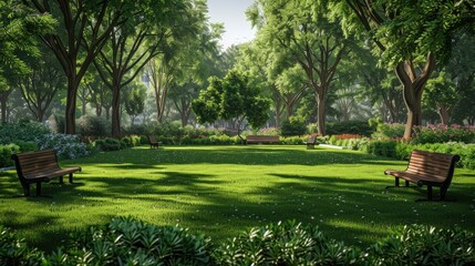 Fototapeta premium Serene park with lush lawns and benches under shady trees
