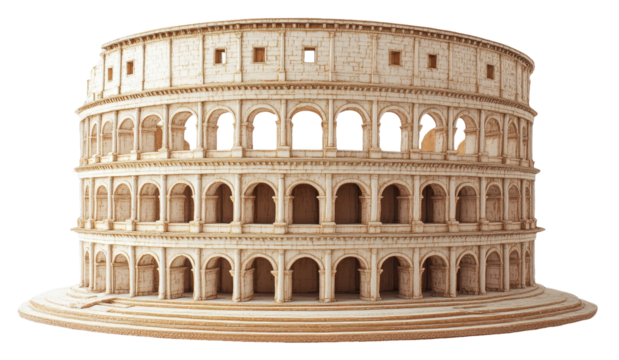 Detailed model of the Colosseum highlighting its iconic architecture and ancient Roman design, cut out - stock png.