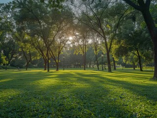 Fototapeta premium Sunny afternoon in a lush park with manicured lawns and trees