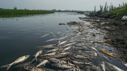 Dead Fish Littering a Riverbank