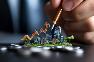 Hand Drawing Upward Arrows and Buildings Representing Business Plan and Market Trend