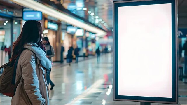 Timelapse: person viewing a blank digital signage display in a public place, subway station, ideal for advertising personalization.