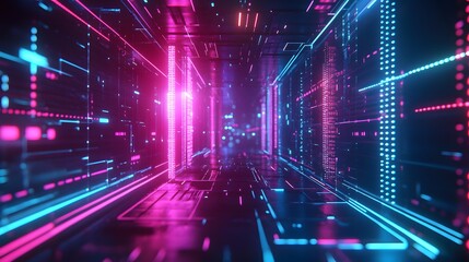 Obraz premium A futuristic tech grid with glowing neon lines and digital nodes, creating a sense of depth and movement, with highlights of bright cyan and magenta adding a dynamic contrast 