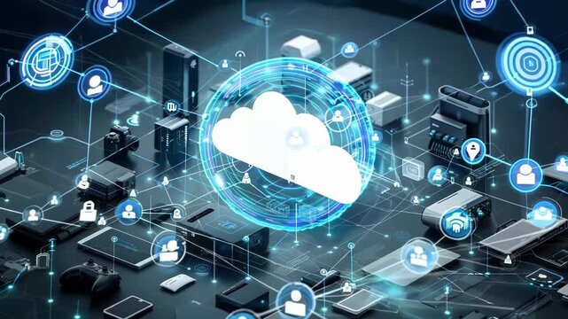 A cloud computing platform with various devices connected to it, showcasing the data transfer and storage capabilities of cloud technology. Datum, digital, science, no people, computer.