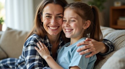 Fototapeta premium A joyful mother and daughter share a warm embrace, smiling brightly together, capturing the essence of familial love and connection in a cozy home setting.