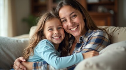 Obraz premium A joyful mother and daughter share a warm embrace, smiling brightly together, capturing the essence of familial love and connection in a cozy home setting.