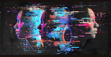 Glitch art of three heads, each head glitching with colorful pixelated static on a black background.