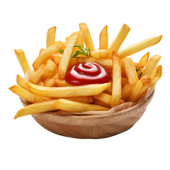 French fries with sauce on a round basket on a transparent background
