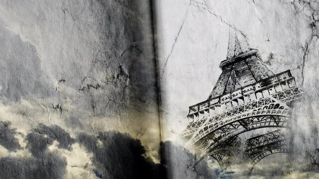 Eiffel Tower in Paris smoothly appears on old, grunge paper with time lapse of sky with clouds. Creative, combined 3D 4K parallax video of high quality. Template for a postcard or historical video.