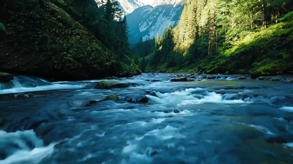 Low camera flight over a river in beautiful nature in a mountain landscape.