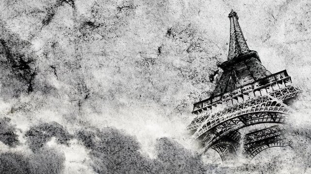 Eiffel Tower in Paris smoothly appears on old, grunge paper with time lapse of sky with clouds. Creative, combined 3D 4K parallax video of high quality. Template for a postcard or historical video.