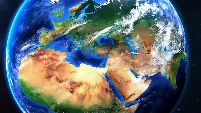 A camera zoom on the blue planet Earth from space on the Eurasian continental plate.